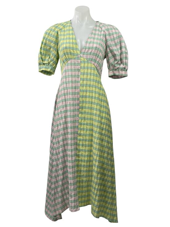 Topshop Dresses & Skirts - Topshop Green Pink Gingham Check Puff Sleeve Colorblock A Line Midi Dress Size 4
